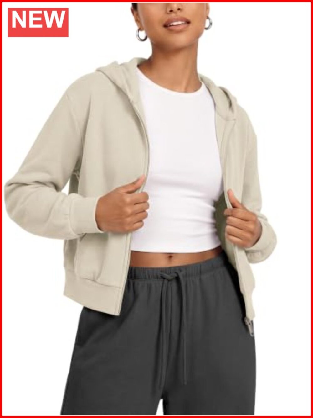 Stretch Fleece Full Zip Cropped Hoodie Long Sleeve with Pockets